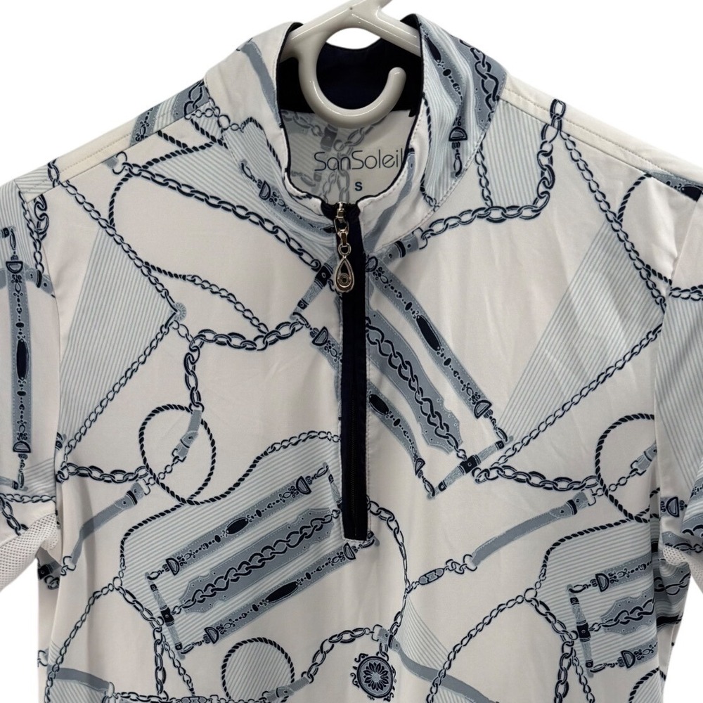 SanSoleil SolCool Women S White Navy Chain Print UPF 50 Quarter Zip Golf Top